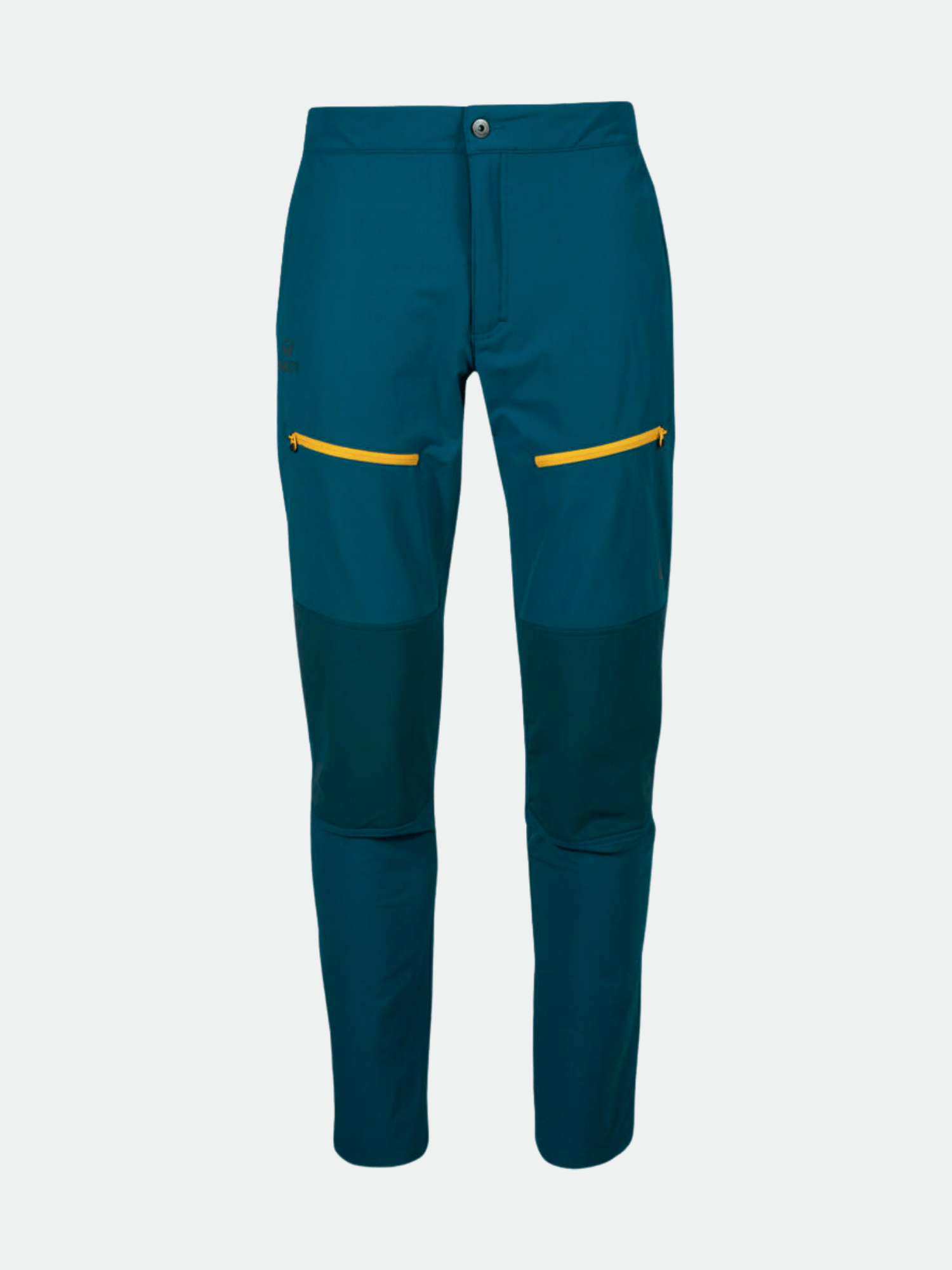 Halti Pallas II Miesten Warm X-stretch -takki teansinisellä värillä, jossa on keltaiset vetoketjulliset reisitaskut ja tummat polvitaskut.