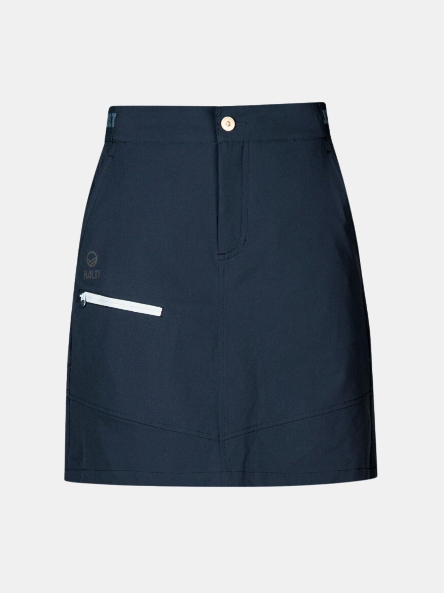 Halti Pallas Naisten Lite X-stretch Shortsihame navy, edessä nappi, vetoketjutasku ja pieni vasen logo valkoisella pohjalla.