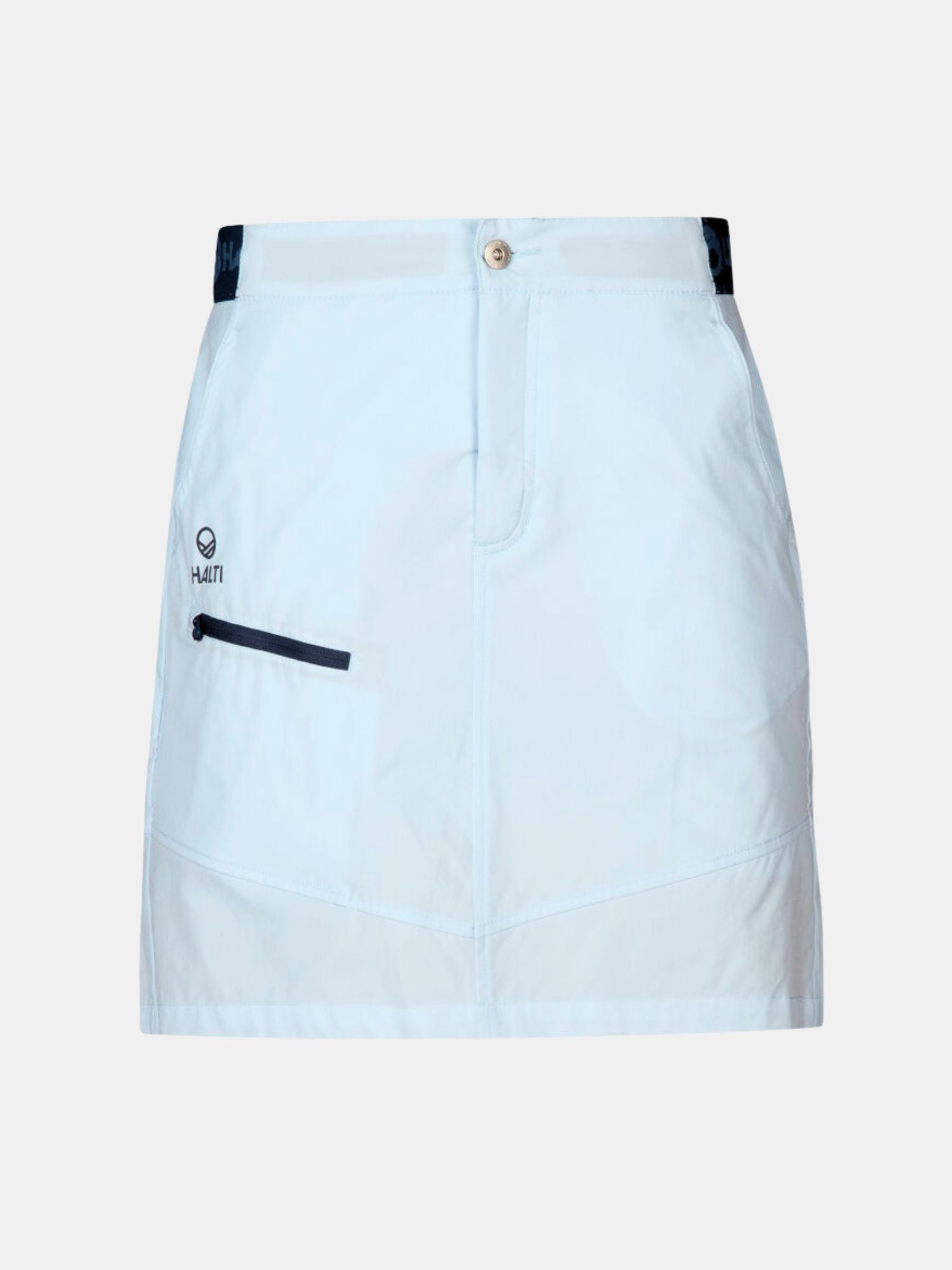 Halti Pallas Naisten Lite X-stretch -shortsit, joissa on edessä napitus, vetoketjutasku ja hillitty vaaleansininen logo.