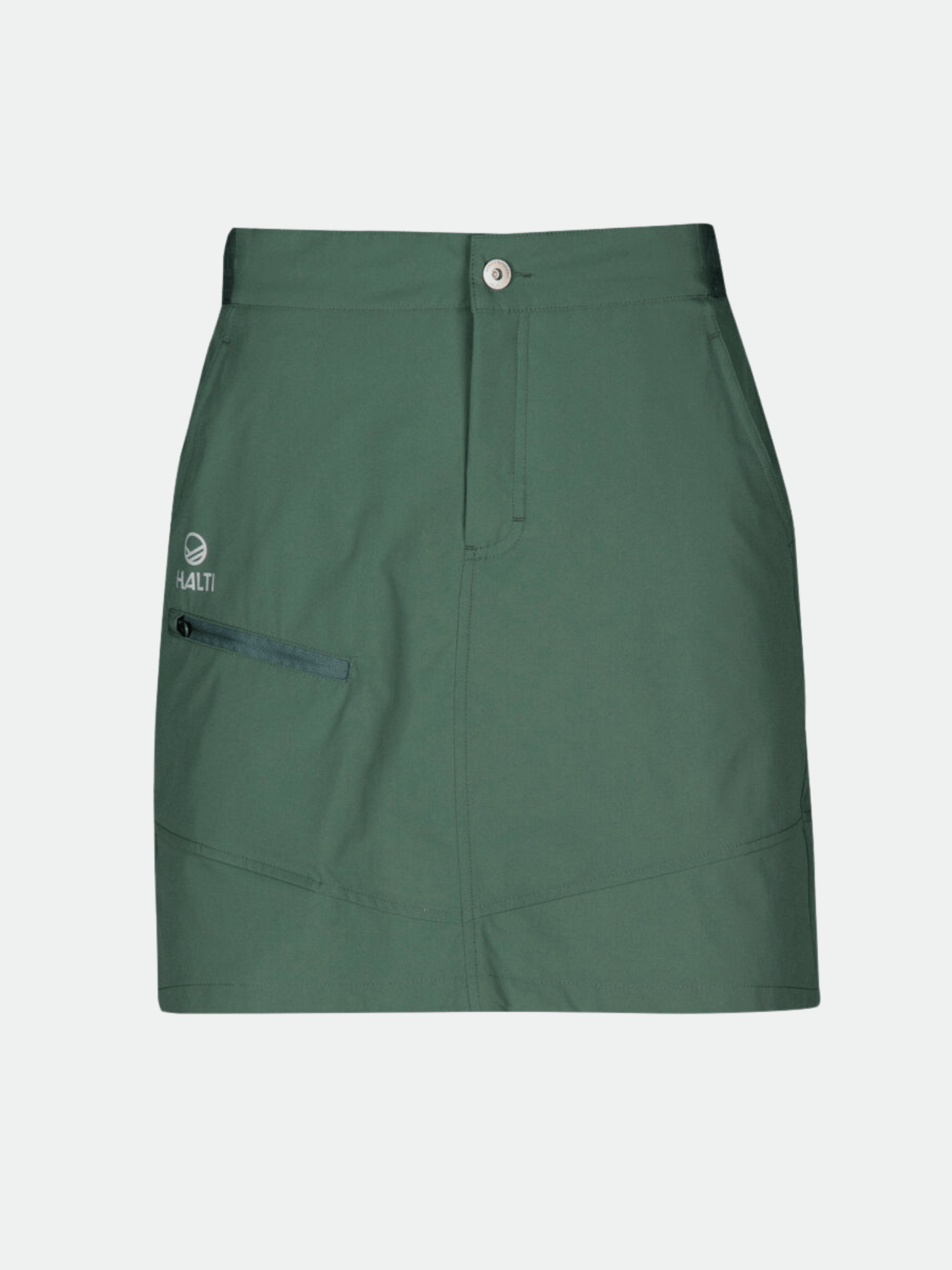 Halti Pallas Naisten Lite X-stretch shortsihame, tummanvihreä, jossa on napit, vetoketju, sivutasku ja pieni vasen logo.