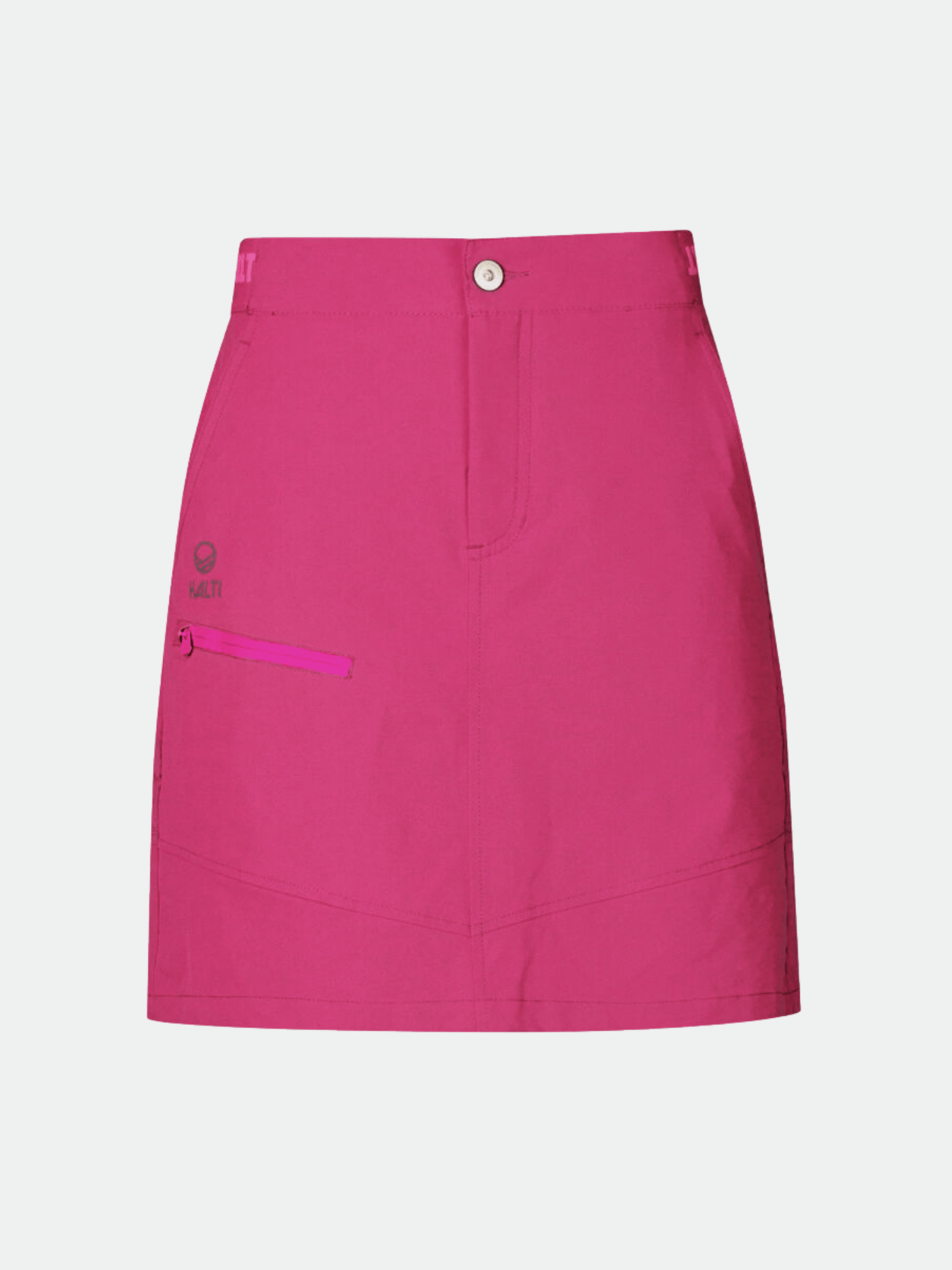 Kirkkaan vaaleanpunainen Halti Pallas Naisten Lite X-stretch Shortsihame, jossa on etunappi, pieni vetoketjutasku ja hienovaraiset saumat.