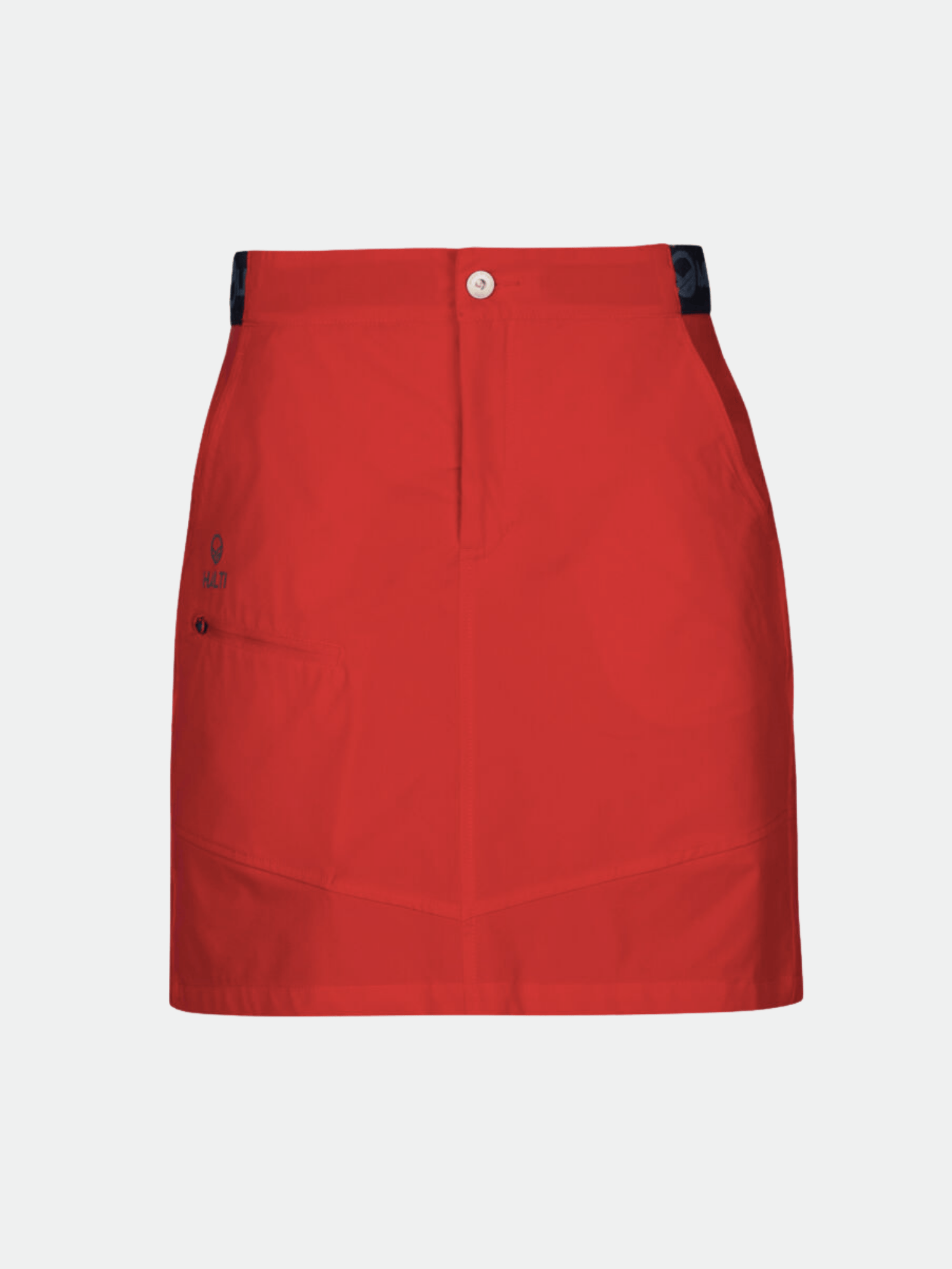 Punainen Halti Pallas Naisten Lite X-stretch Shortsihame, jossa on etunappi, vyötärönauha ja sivutasku valkoisella pohjalla.