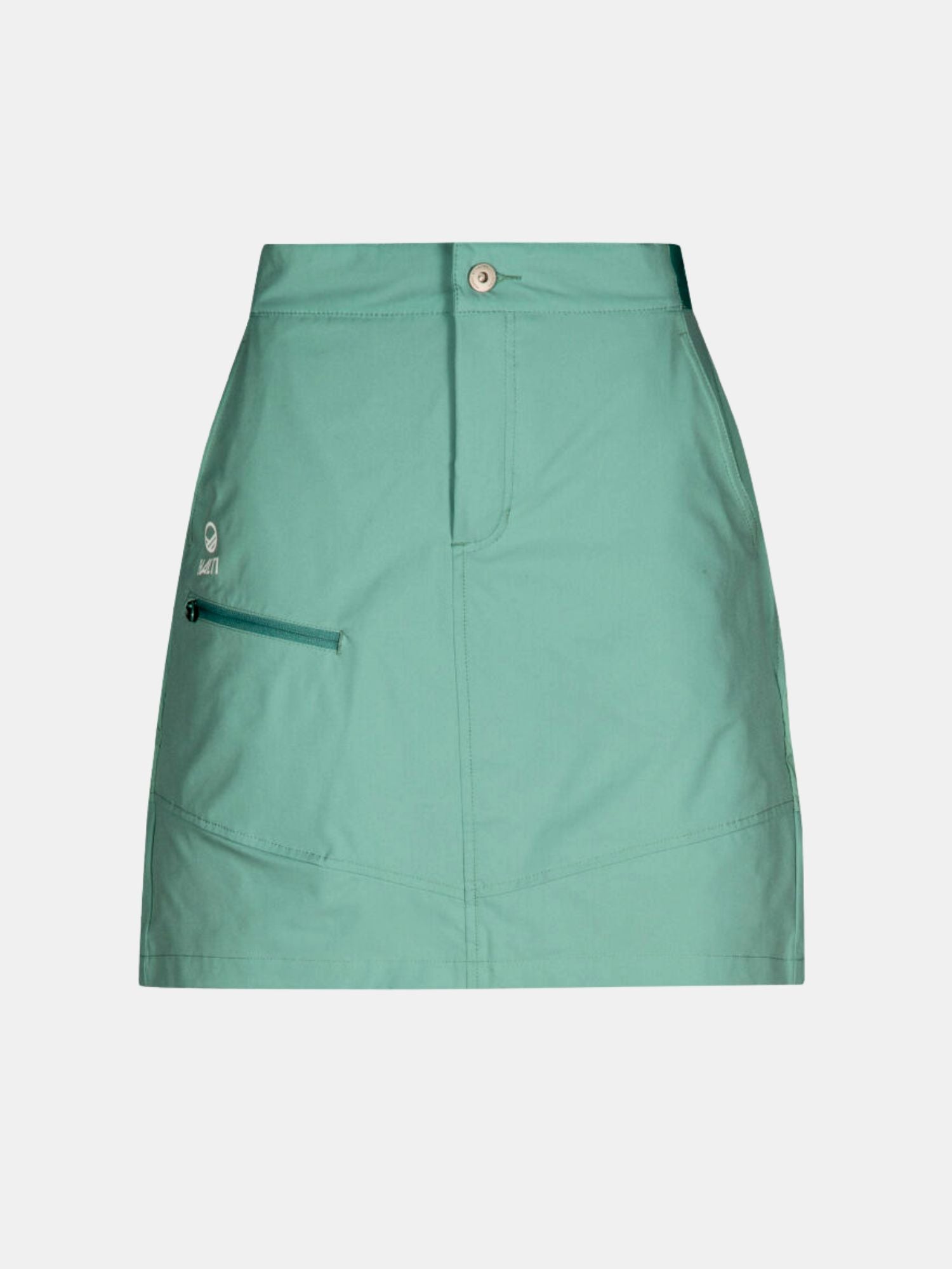 Sinivihreät Halti Pallas Naisten Lite X-stretch -shortsit, joissa on vetoketjullinen etutasku, nappi ja näkyvät saumat.