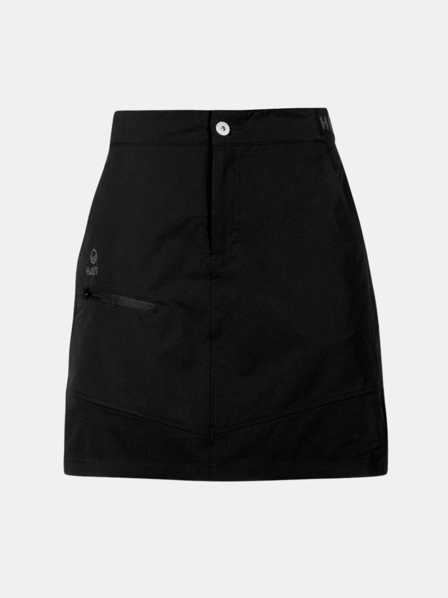 Musta Halti Pallas Naisten Lite X-stretch -shortsihame, polvipituinen, jossa on etunapit ja vasen vetoketjullinen tasku.