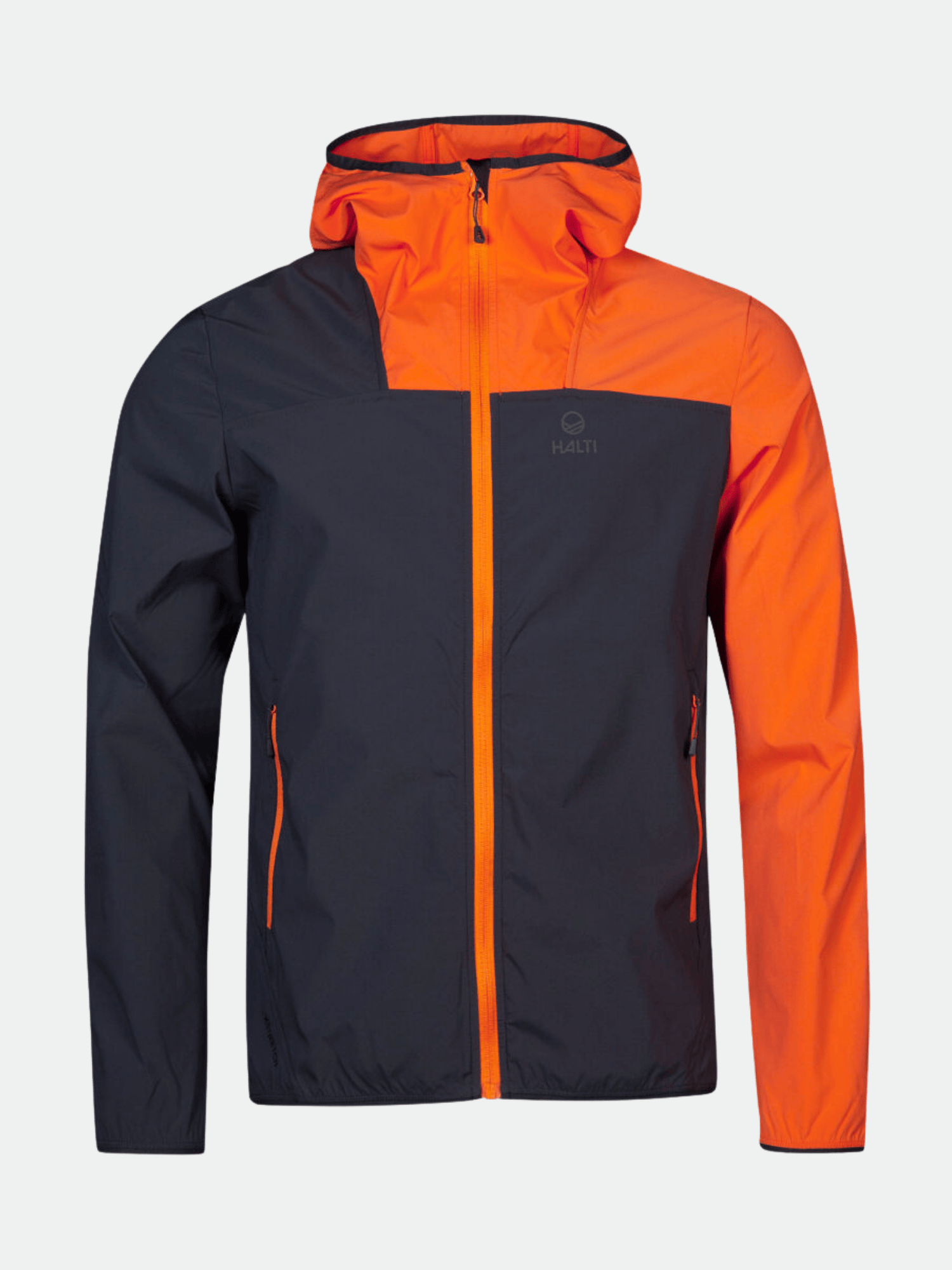 Halti Pallas Miesten Lite X-stretch takki: musta, oranssit olkapäät, huppu, vetoketju ja taskuyksityiskohdat.