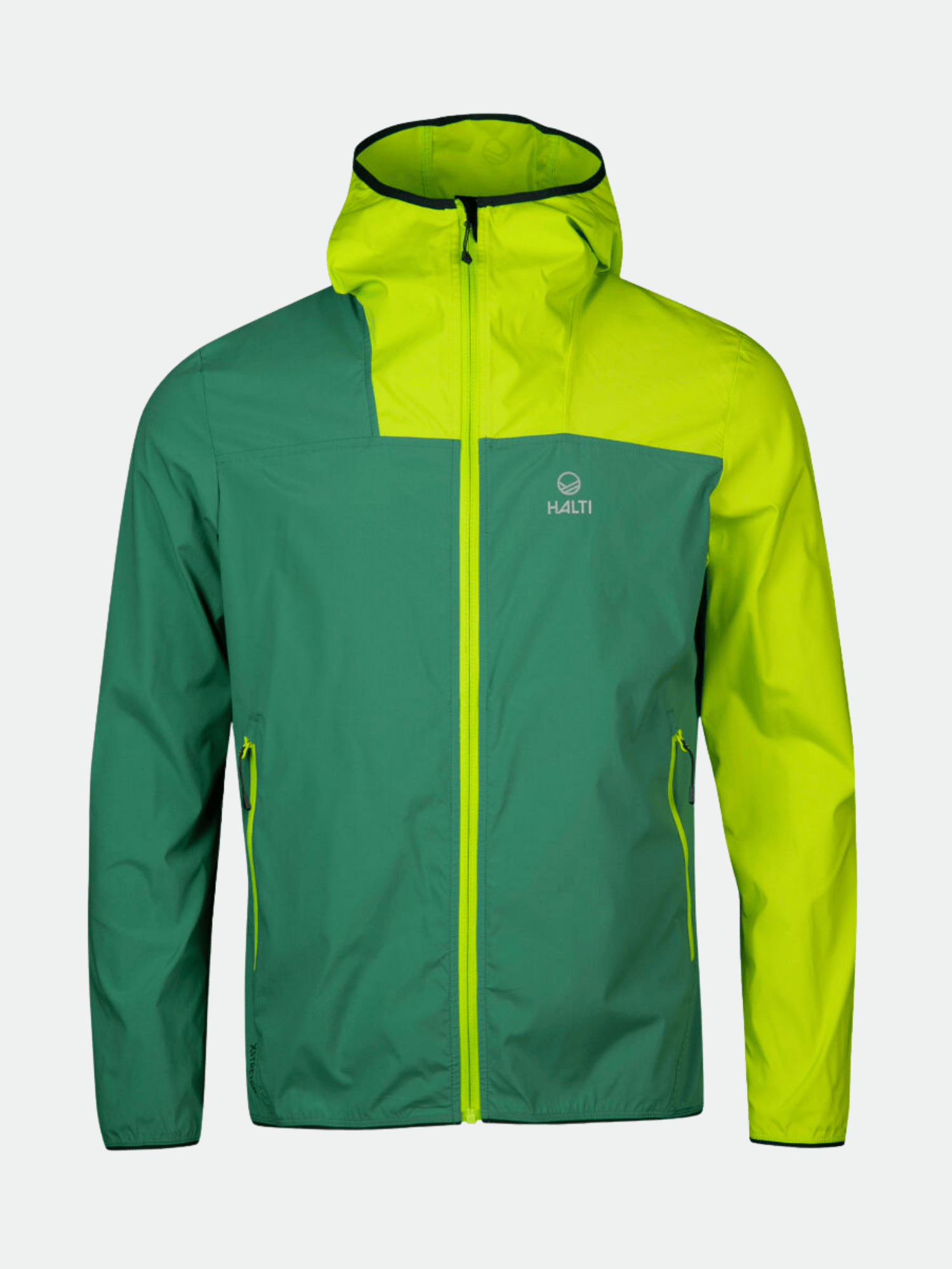 Halti Pallas Miesten Lite X-stretch ulkoilutakki vihreän/keltaisen värisenä, edessä vetoketju ja vetoketjutaskut esillä.