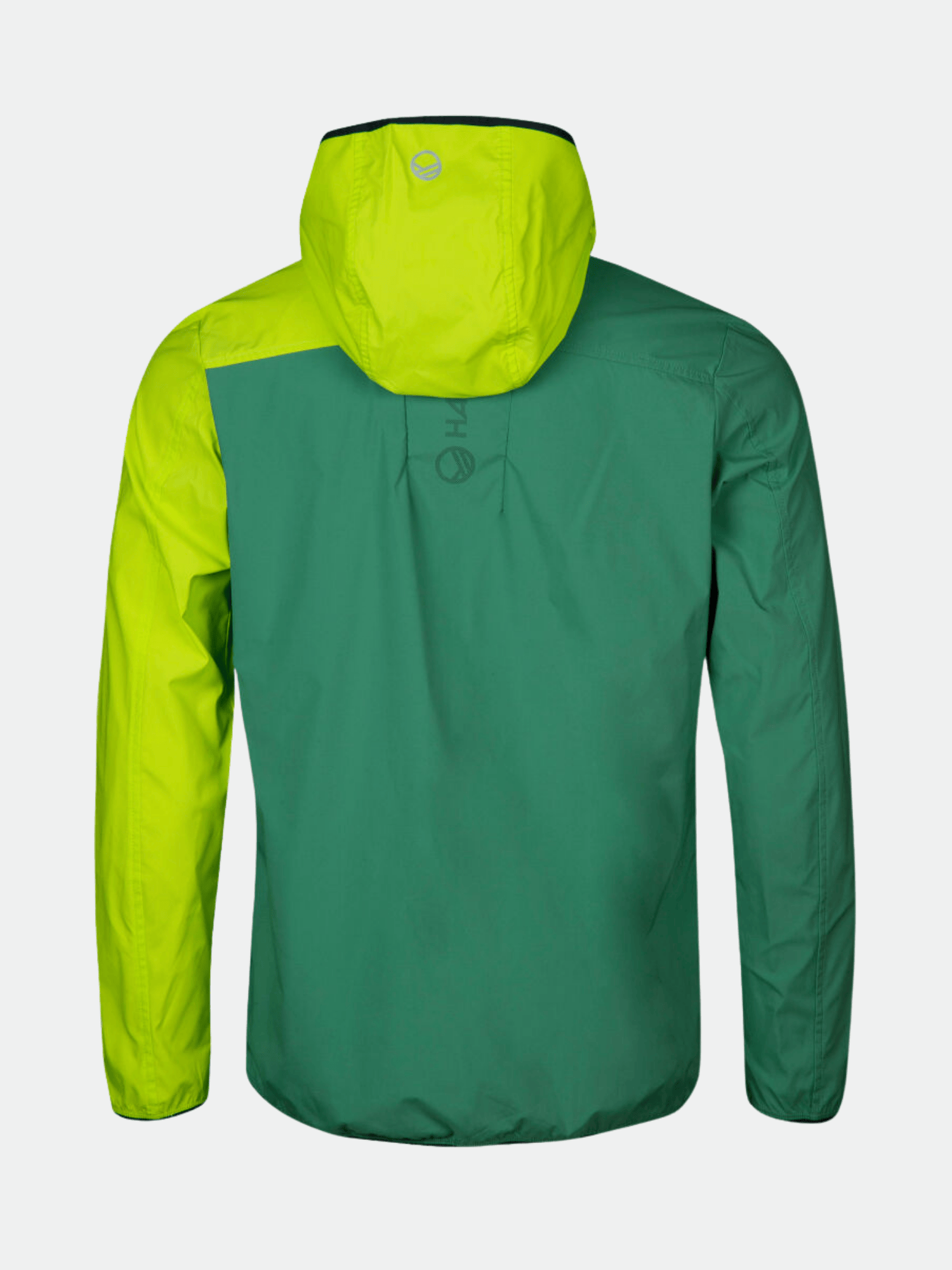 Vihreä ja keltainen Halti Pallas Miesten Lite X-stretch Ulkoilutakki kuvattuna takaa valkoisella pohjalla.