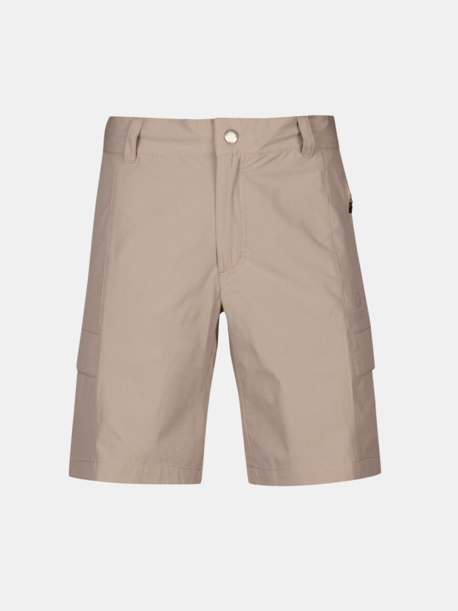 Halti Reissu Plus Naisten Stretch Shortsit, beige, joustava materiaali, sivutaskut ja vyölenkit valkoisella taustalla.