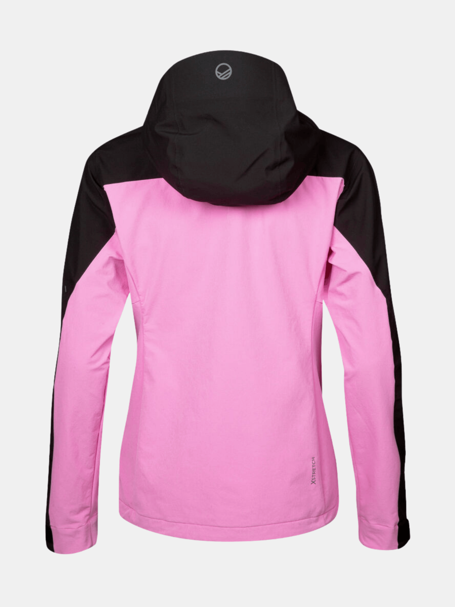 Vaaleanpunainen ja musta Halti Pallas Plus III Naisten Warm Hybriditakki takaa katsottuna valkoisella pohjalla.