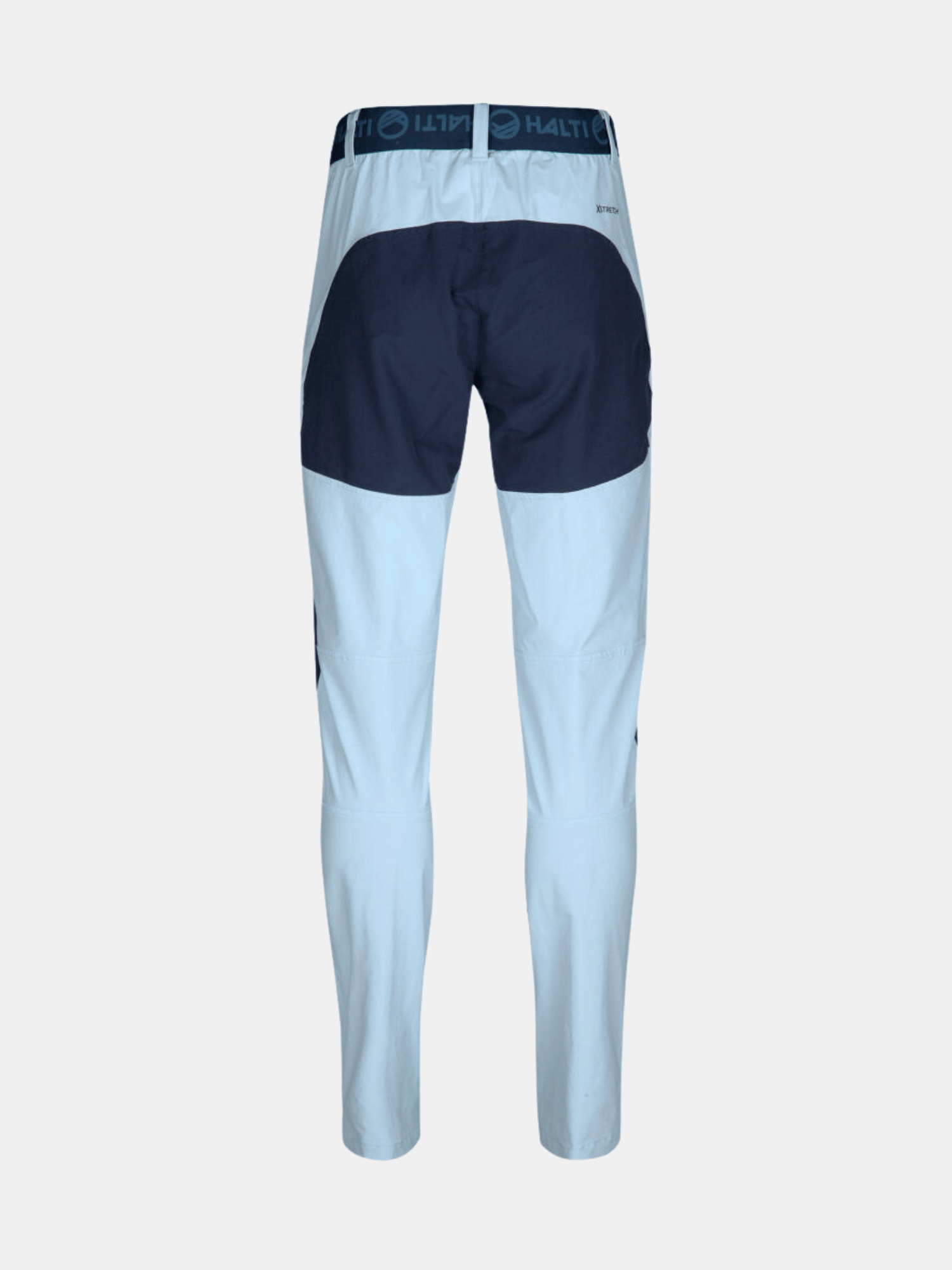 Halti Pallas II Naisten X-stretch ulkoiluhousut, vaaleansiniset, tummansinisellä takapuolella ja vyötäröllä, kuvassa takaa päin.