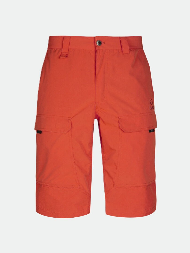 Halti Hiker Miesten Lite Shortsit: kirkkaan oranssi, sivutaskut, nappikiinnitys, valmistettu kierrätysmateriaalista.