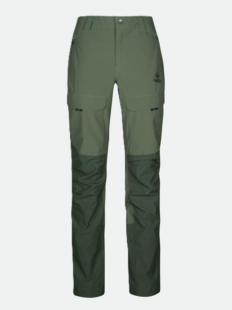 Halti Hiker DrymaxX 3L tuuletetut naisten oliivinvihreät housut, joissa on etutaskut ja vahvistetut polvet.