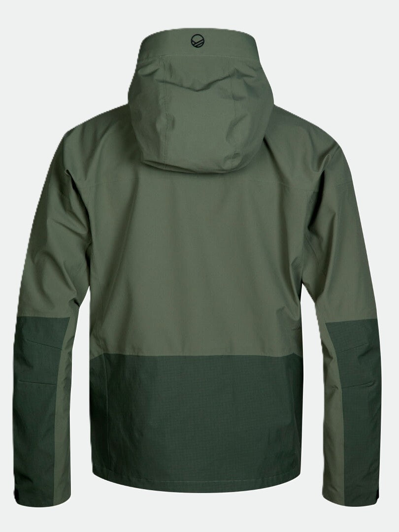 Kaksivärinen vihreä Halti Hiker DrymaxX 3L tuuletettu retkeilytakki miesten selästä kuvattuna yksivärisellä pohjalla.