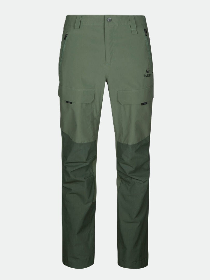 Halti Hiker DrymaxX 3L miesten rahtitaskuhousut ilmanvaihdolla, taskuilla ja vahvistetuilla polvilla yksivärisellä pohjalla.