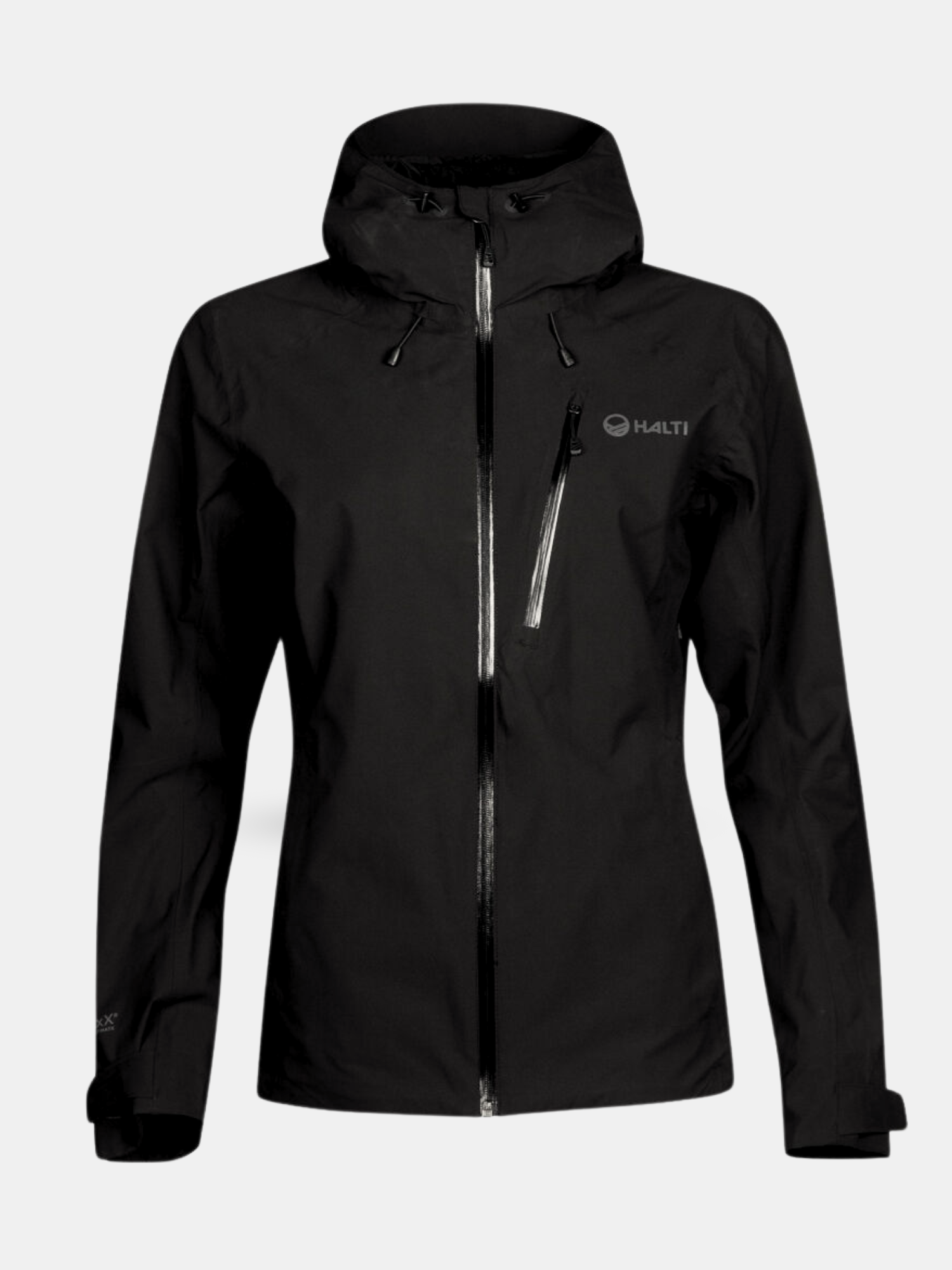 Halti Biegga Neve DrymaxX Kuoritakki Naisten on musta, ja siinä on vetoketju edessä, rintatasku ja logo vasemmassa rinnassa.