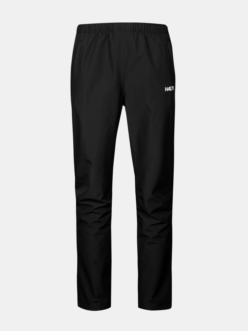 Halti Forter DX Kuorihousut miesten, mustat ulkoiluhousut joustavalla vyötäröllä ja Halti-logo vasemmassa reisessä.