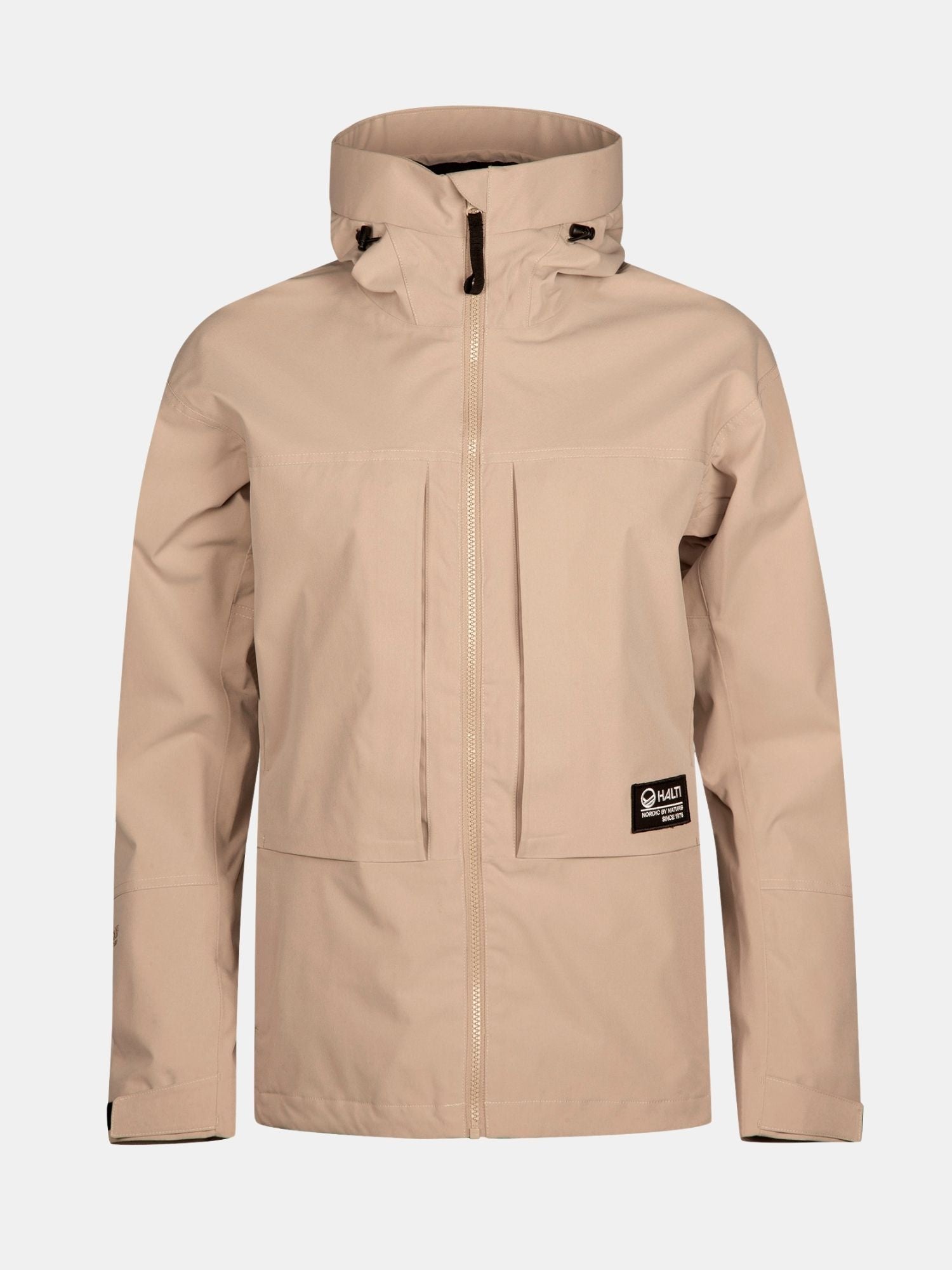 Halti Hiker II DX naisten beige kuoritakki, vetoketju, rintataskut ja musta logo vasemmalla helmassa.