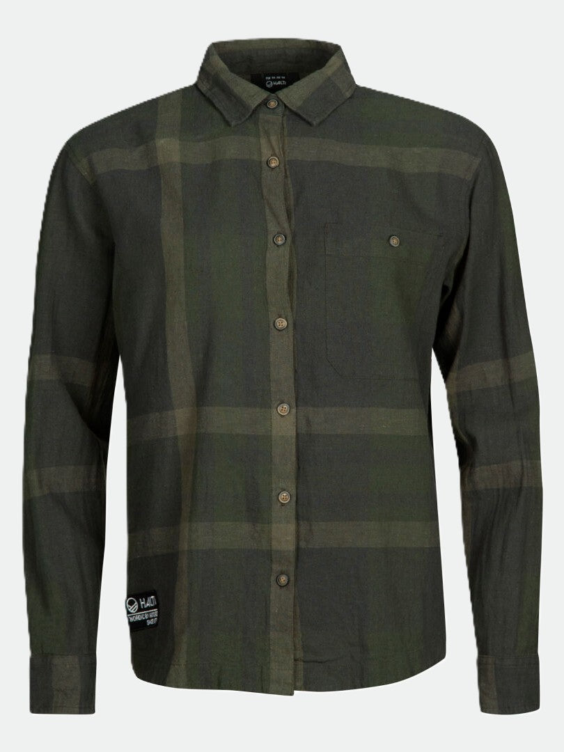 Halti Hiker Retkeilypaita Naisten on hengittävä vihreä-ruskea ruudullinen pitkähihainen paita, jossa on rintatasku.