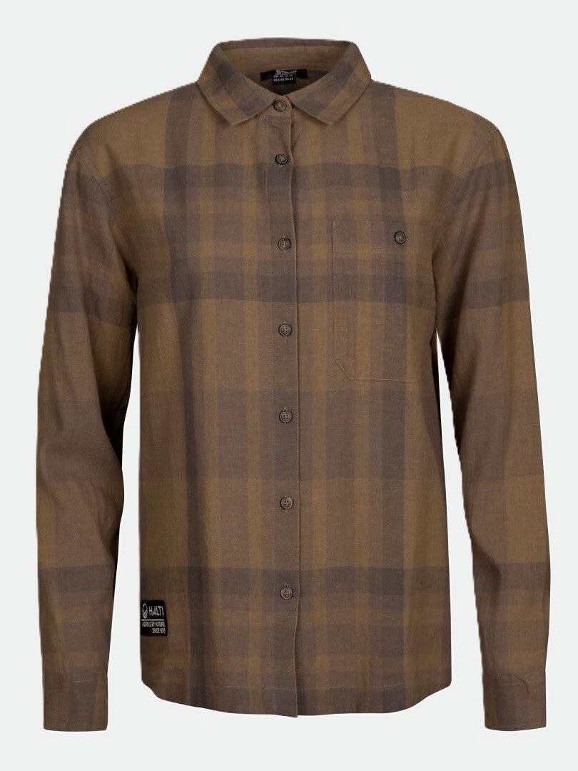 Halti Hiker Retkeilypaita Naisten: ruskeanruskea ja ruskehtava ruudullinen pitkähihainen paita kauluksella ja rintataskulla.