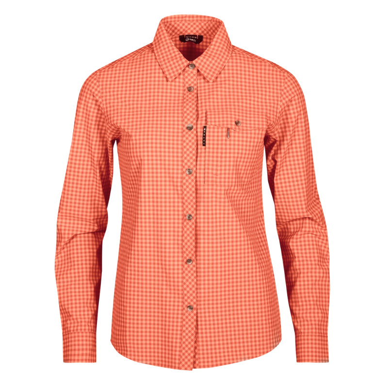 Halti Kota Pitkähihainen Ruutupaita Naisten, oranssi/valkoinen ruutu, rintatasku, pitkät hihat, valkoisella pohjalla.