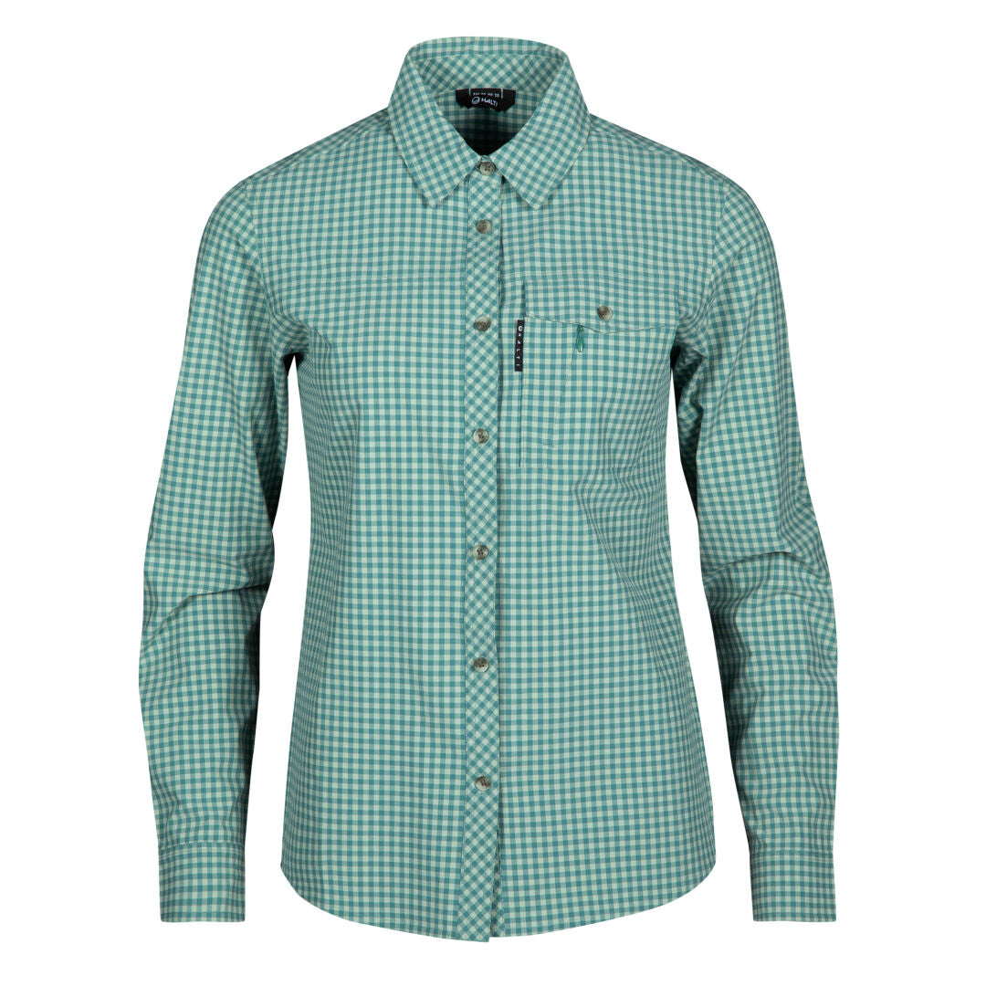 Halti Kota Pitkähihainen Ruutupaita Naisten on vihreä-valkoinen ruudullinen naisten paita kauluksella ja rintataskulla.