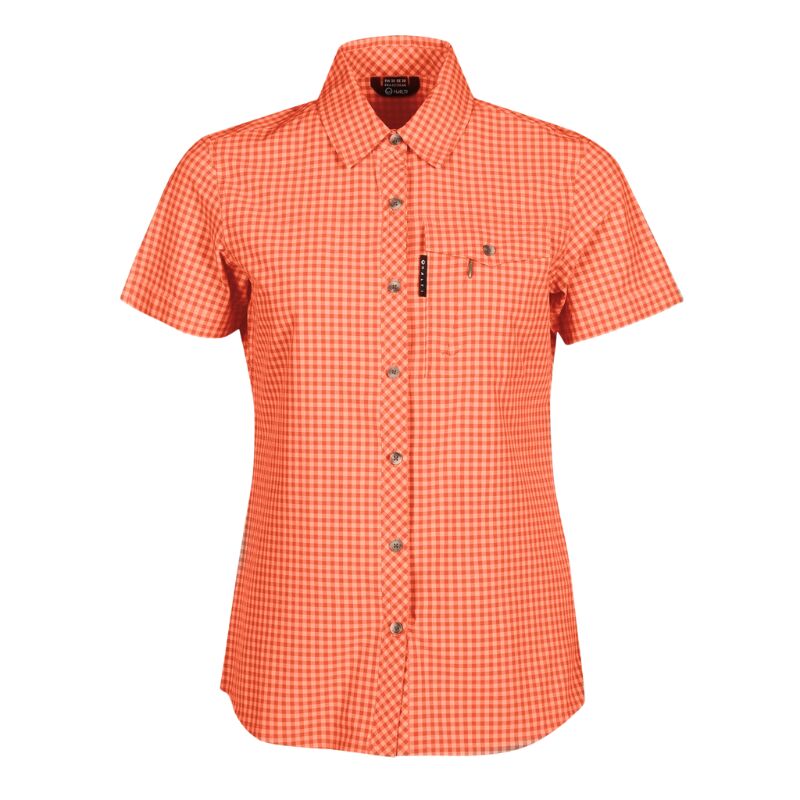 Halti Kota Ruutupaita Naisten: lyhythihainen, oranssi ruutupaita rintataskulla, kauluksella ja Active Dry -kankaalla.