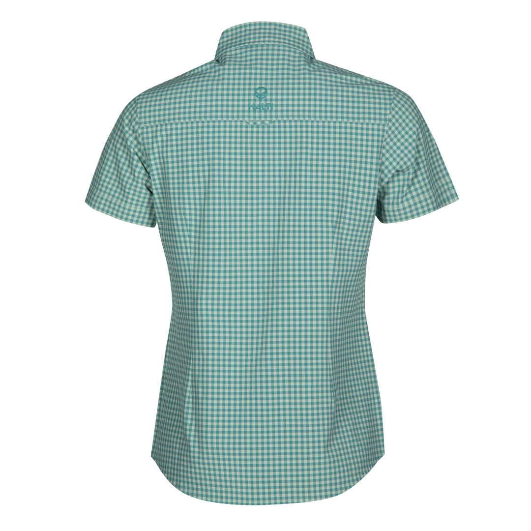 Halti Kota Ruutupaita Naisten takaa päin, vihreänvalkoinen ruutupaita, jossa on kaulus, Active Dry -kangas ja kaareva helma.