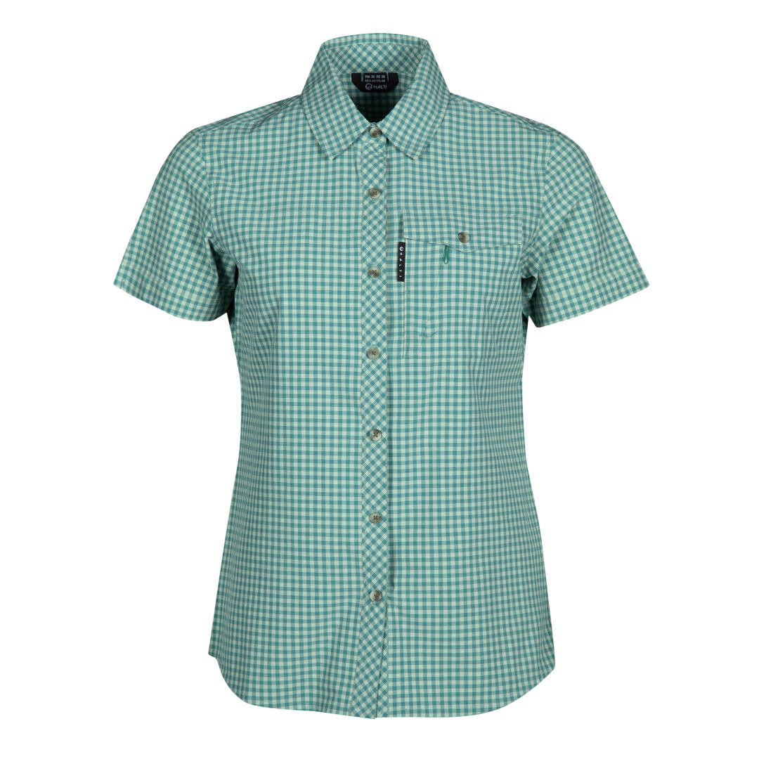 Halti Kota Ruutupaita Naisten: vihreä-valkoinen ruudullinen lyhythihainen nappi, jossa kaulus ja rintatasku, sopii ulkoiluun.