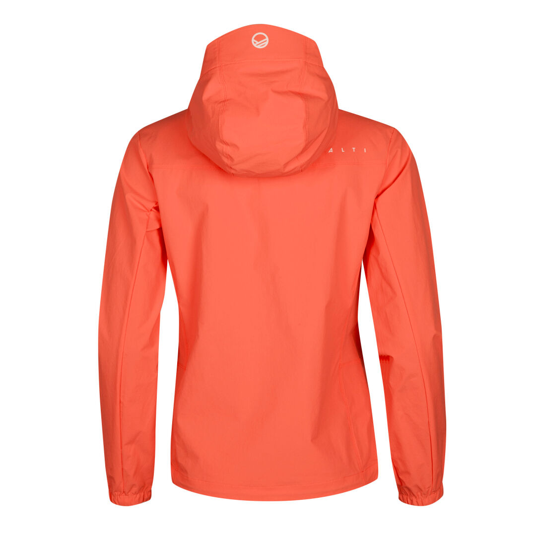 Korallinvärinen Halti Pallas Evo X-stretch Takki Naisten -takki on kuvattu takaa päin, ja siinä on X-stretch-materiaalia ja valkoinen logo.