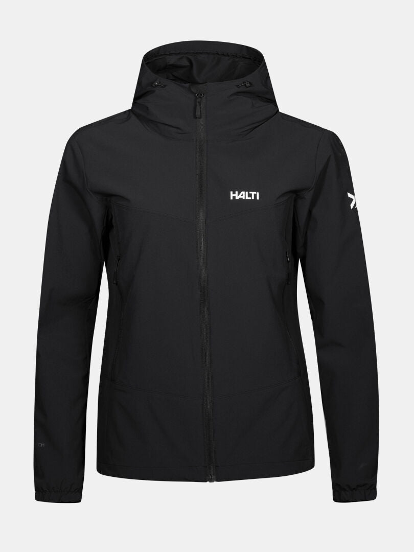 Halti Pallas Evo X-stretch Takki Naisten musta, jossa on huppu ja valkoiset rinta- ja hihalogot yksivärisellä pohjalla.