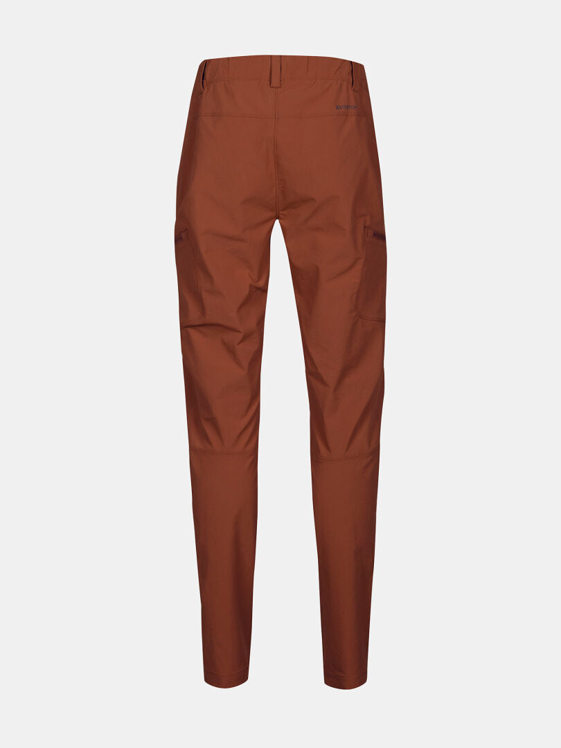 Halti Pallas Evo X-stretch -housut naisille ruskeana, suoralahkeiset, istuvalla vyötäröllä, vyölenkeillä ja sivutaskuilla.