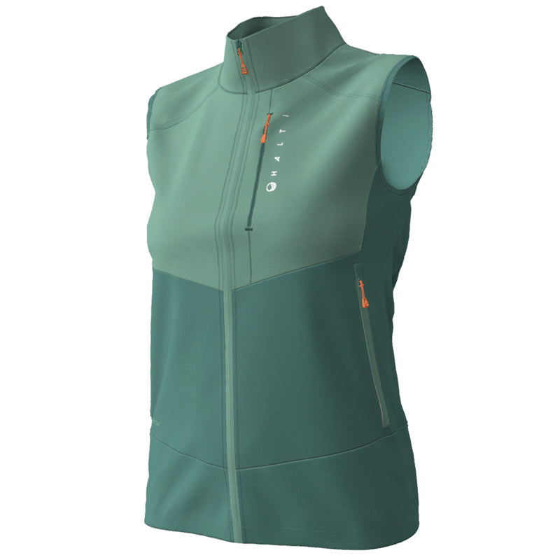 Halti Pallas Evo X-stretch Liivi Naisten: hihaton, vihreä, vetoketjulliset taskut, oranssi vetoketju, pystylogo.