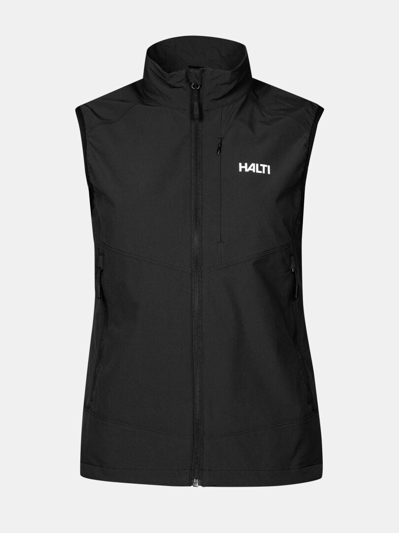 Halti Pallas Evo X-stretch Liivi Naisten musta, hihaton liivi, jossa on vetoketjutaskut ja logo vasemmassa rinnassa.