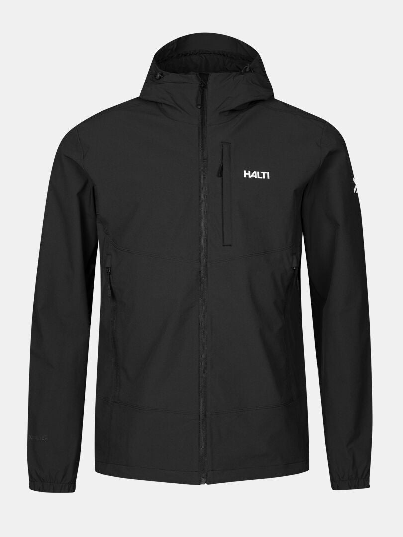 Halti Pallas Evo X-stretch Takki Miesten: musta, X-stretch materiaali, vetoketju edessä, logo rinnassa ja vasemmassa hihassa.