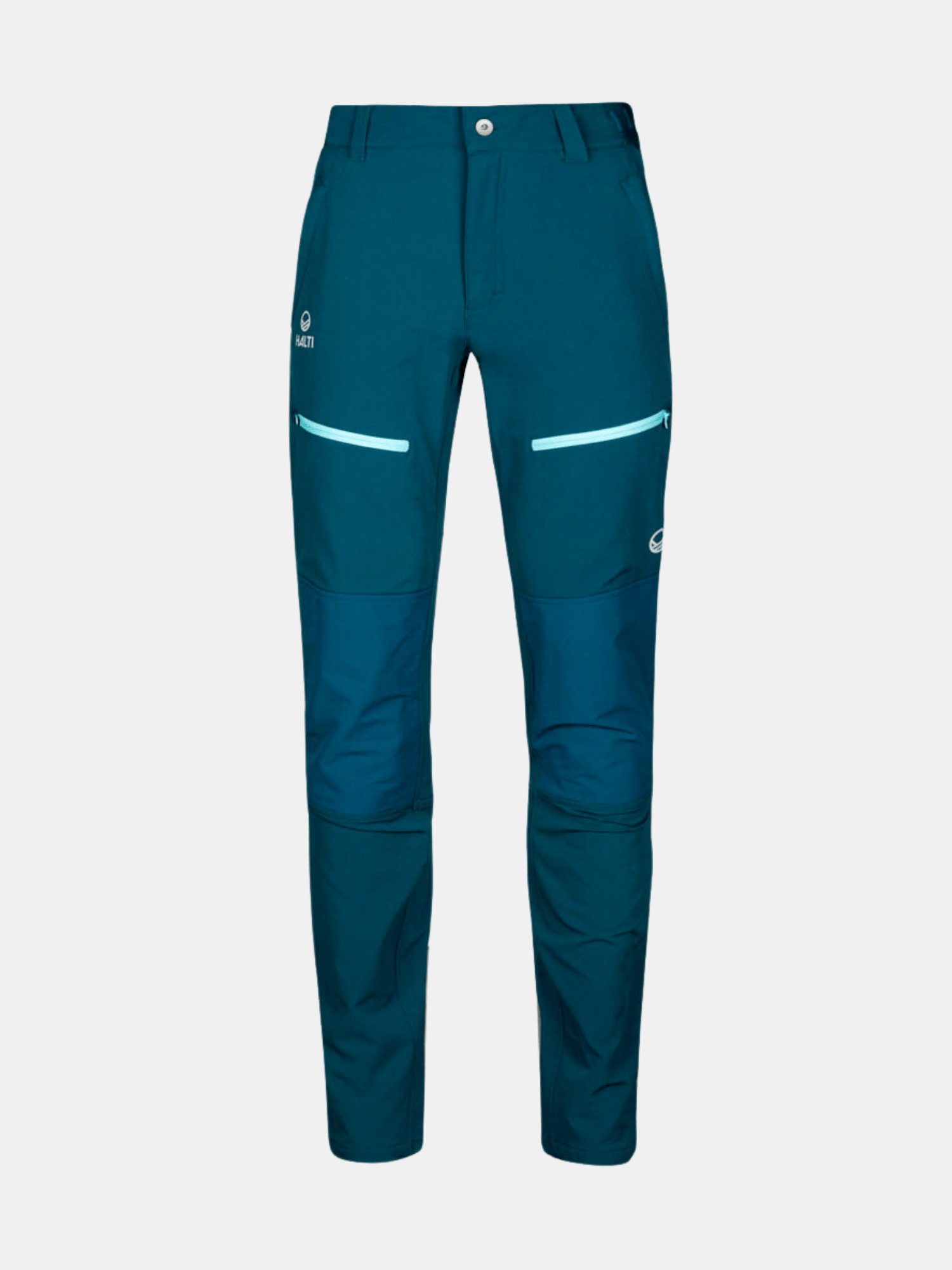 Halti Pallas III Plus Warm X-stretch ulkoiluhousut naisille, sinivihreät, vetoketjullisilla taskuilla ja vahvistetuilla polvilla.
