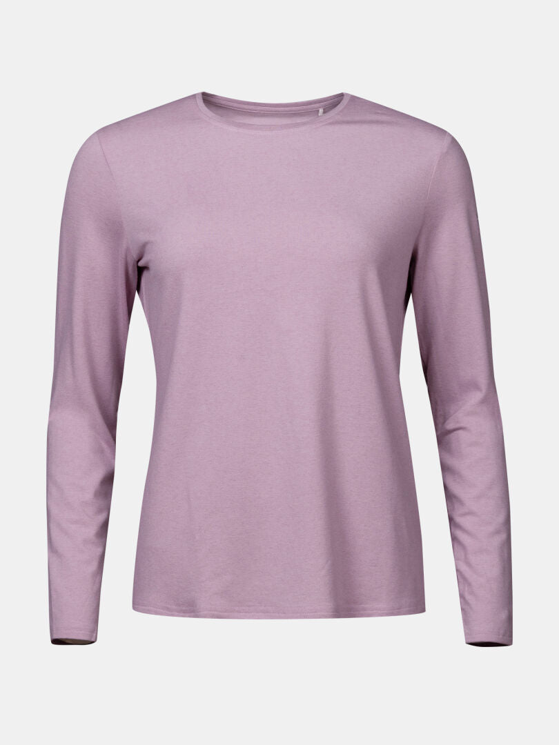Halti Tuntu II pitkähihainen merino paita naisille, vaaleanviolettina, valkoisella taustalla.