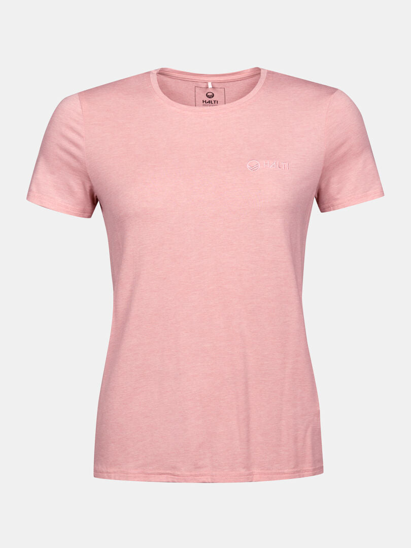 Halti Tuntu II Merino naisten t-paita on vaaleanpinkki, ja siinä on lyhyet hihat, pyöreä pääntie ja pieni valkoinen logo rinnassa.