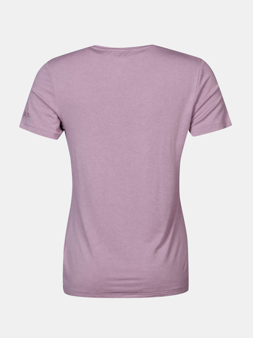Halti Tuntu II Merino T-paita Naisten, vaaleanvioletti, lyhythihainen, selkänäkymä valkoisella pohjalla.