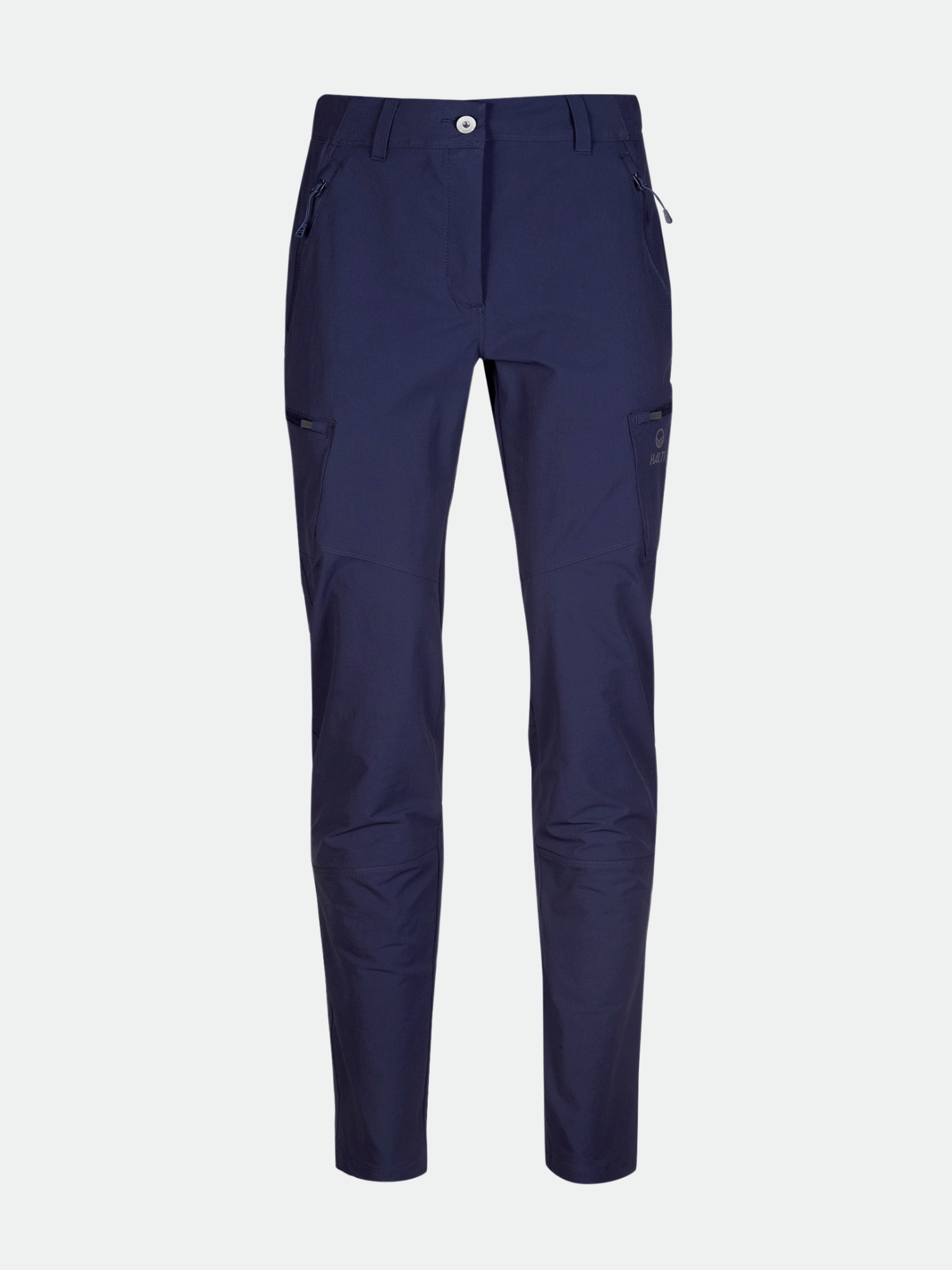 Halti Pallas Evo Brushed X-stretch ulkoiluhousut naisille, tummansininen, slim-fit, vetoketjutaskuilla.