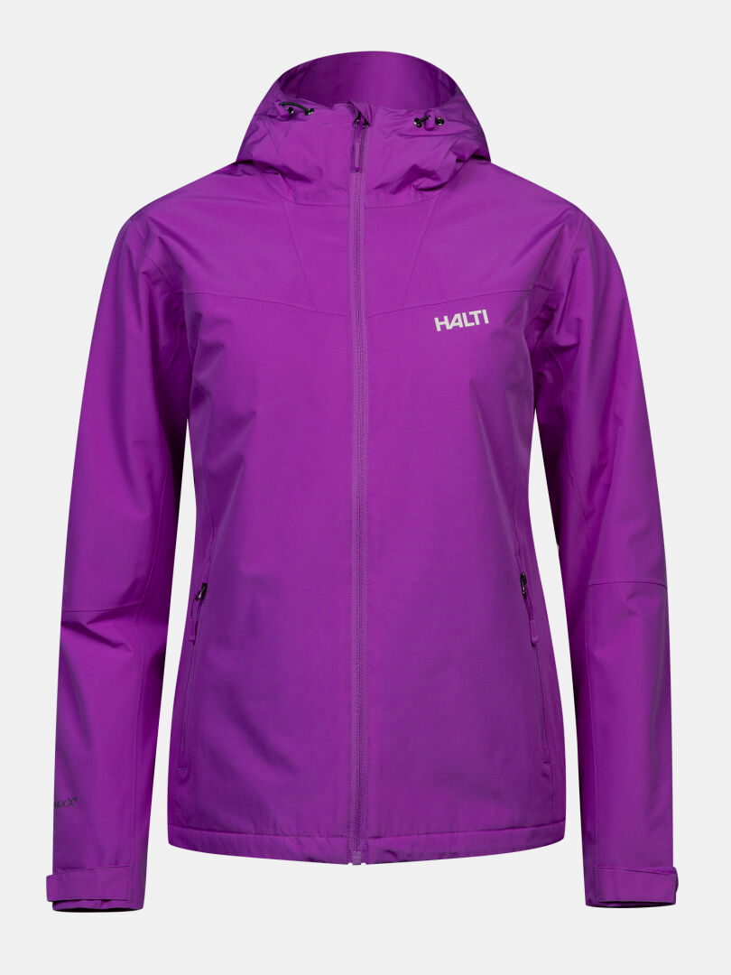 Purple Halti Forter DX Warm Kuoritakki – naisten hupullinen sadetakki, jossa on täyspitkä vetoketju ja tuulenpitävä rakenne.