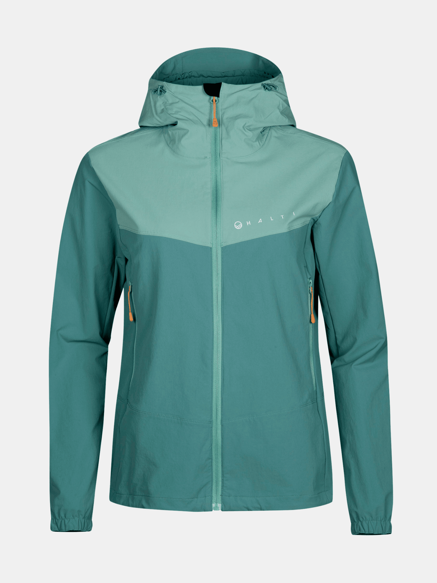 Halti Pallas Evo Plus X-stretch Takki Naisten housut, sinivihreä/vaaleansininen, vetoketju edessä, kaksi vetoketjullista sivutaskua.