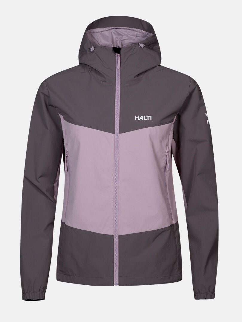 Halti Pallas Evo Plus X-stretch Takki Naisten, kaksivärinen violetti hupullinen takki, jossa on vetoketju edessä ja vetoketjulliset sivutaskut.
