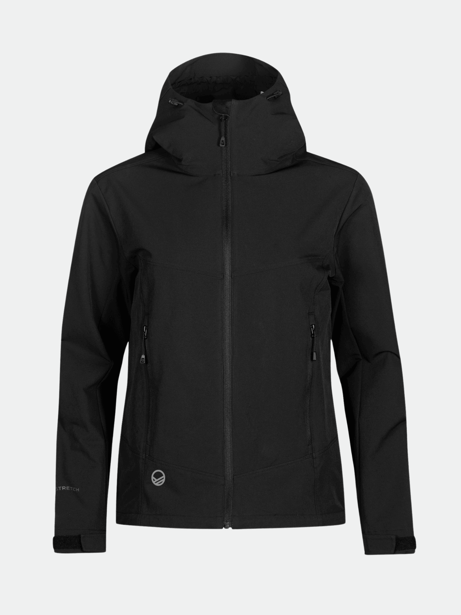 Halti Pallas Evo Brushed X-stretch Takki Naisten musta hupullinen takki, jossa on vetoketju edessä ja kaksi vetoketjullista taskua.
