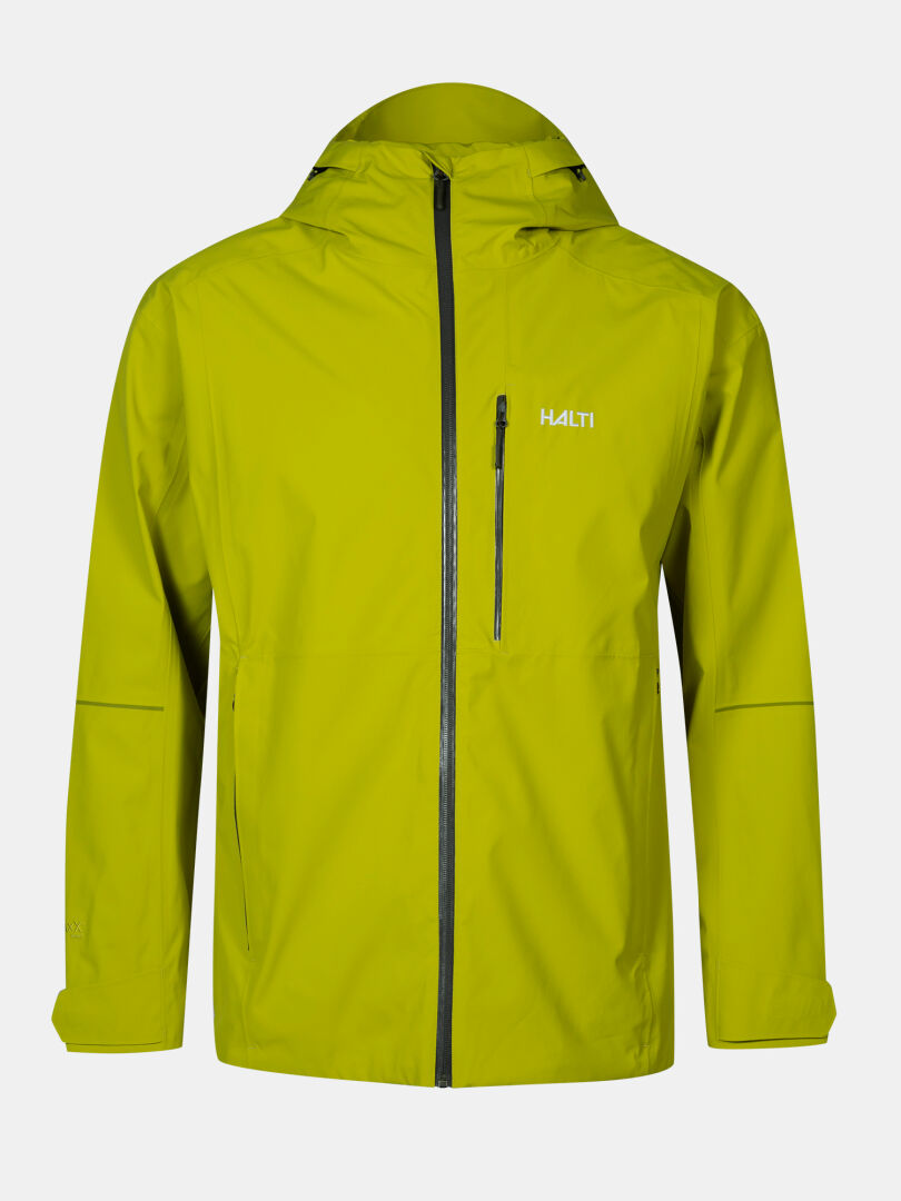 Halti Staala DX Kuoritakki Miesten, kelta-vihreä, vedenpitävä takki hupulla, vetoketjullisella rintataskulla ja Halti-logolla.