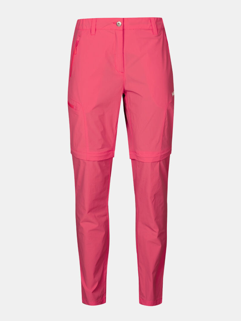 Halti Pallas Cool Stretch Zip-off housut naisten, kirkkaan vaaleanpunainen, etutaskut, kuvassa vaalealla pohjalla.