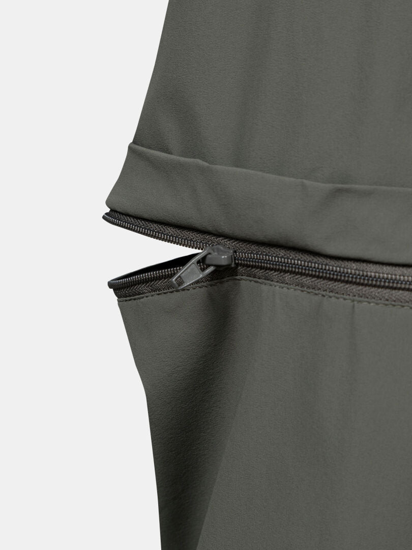 Lähikuva Halti Pallas Cool Stretch Zip-off Housut Miesten -kangasta, jossa on osittain auki oleva musta vetoketju.