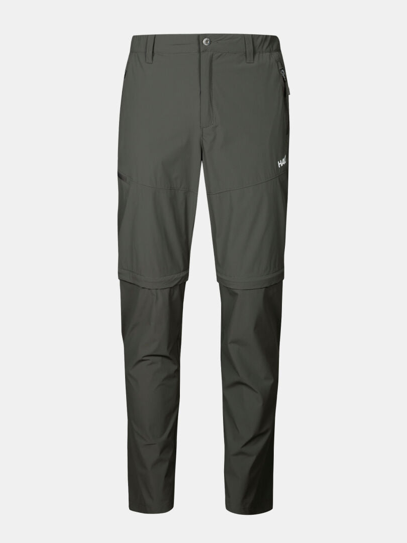Halti Pallas Cool Stretch Zip-off Housut Miesten tummanharmaa, kuvassa valkoisella, reidessä pieni Halti-logo.