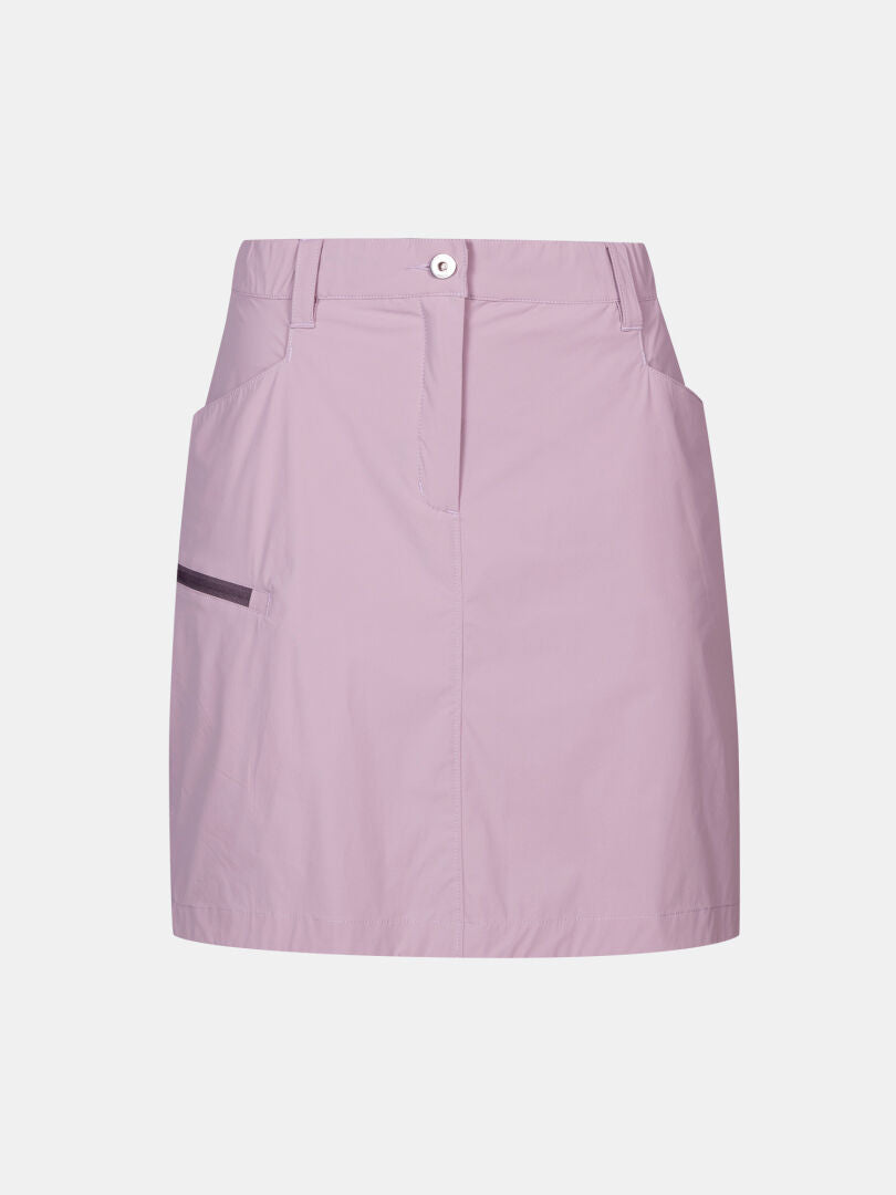 Halti Pallas Cool Shortsihame Naisten: vaaleanvioletti, etunappi, vetoketju, vyölenkit, sivutaskut, tumma yksityiskohta.