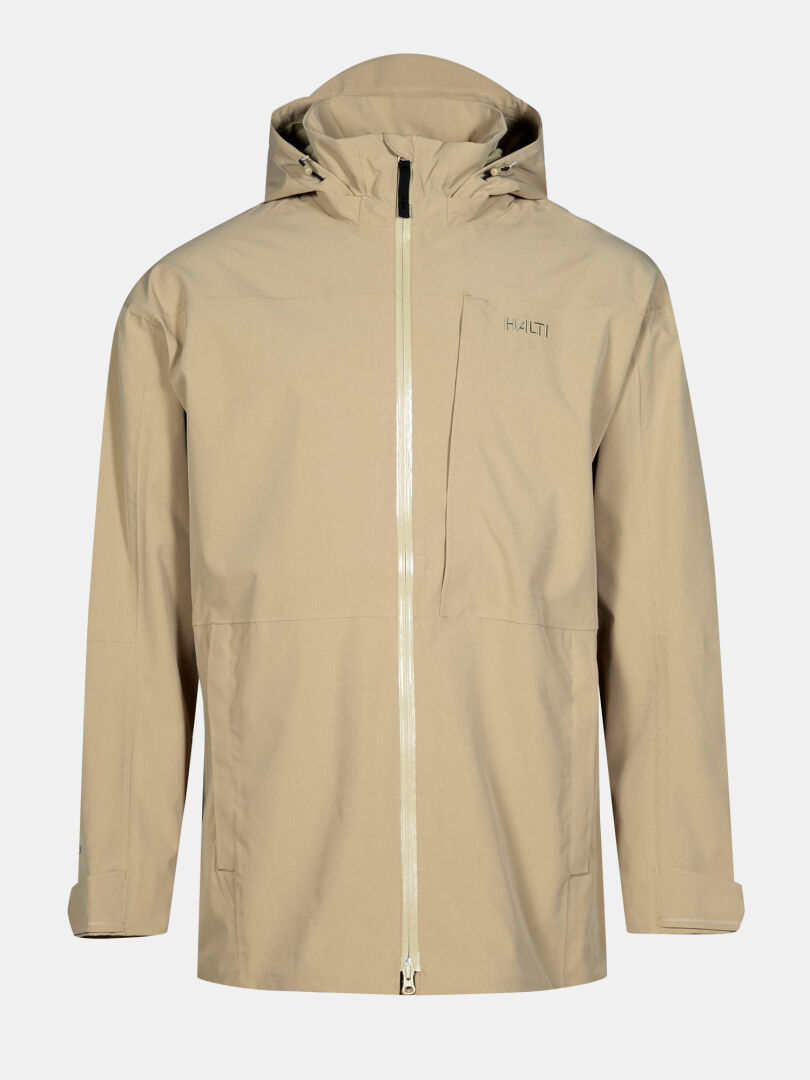 Halti Valaja DX Parkatakki Miesten: beige, hupullinen, vetoketju edessä, rintatasku ja säädettävät hihansuut.