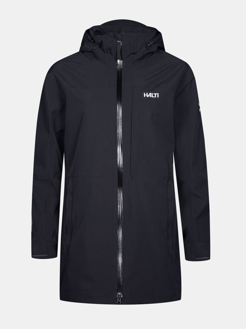 Halti Valaja DX Parkatakki Naisten Plus on musta, pitkä, hupullinen, vedenpitävä parka, jossa on vetoketju ja logo edessä.